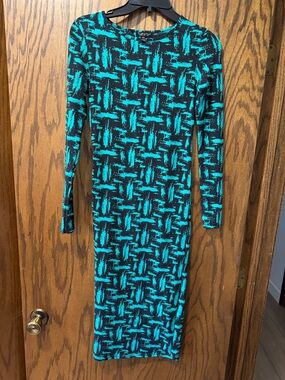 Topshop Black and Teal Long Sleeve Midi Bodycon Dress